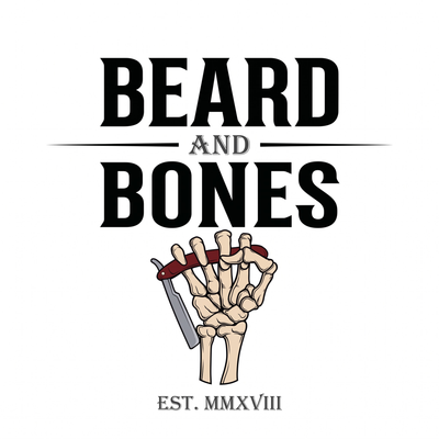 A square graphic with the words 'BEARD AND BONES' in large black serif lettering, a hand holding a straight razor illustrated below, and 'EST. MMXVIII' at the bottom, all on a light gray background.