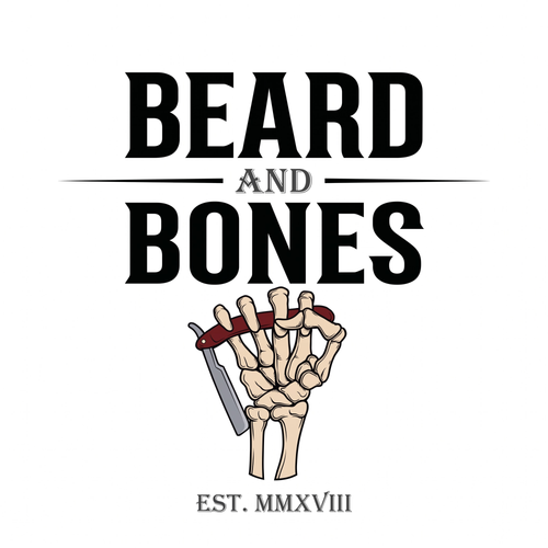 A square graphic with the words 'BEARD AND BONES' in large black serif lettering, a hand holding a straight razor illustrated below, and 'EST. MMXVIII' at the bottom, all on a light gray background.